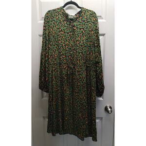 KIRUNDO Women's Size XL Green Orange Leopard Cheetah Long Sleeve Shirt Dress